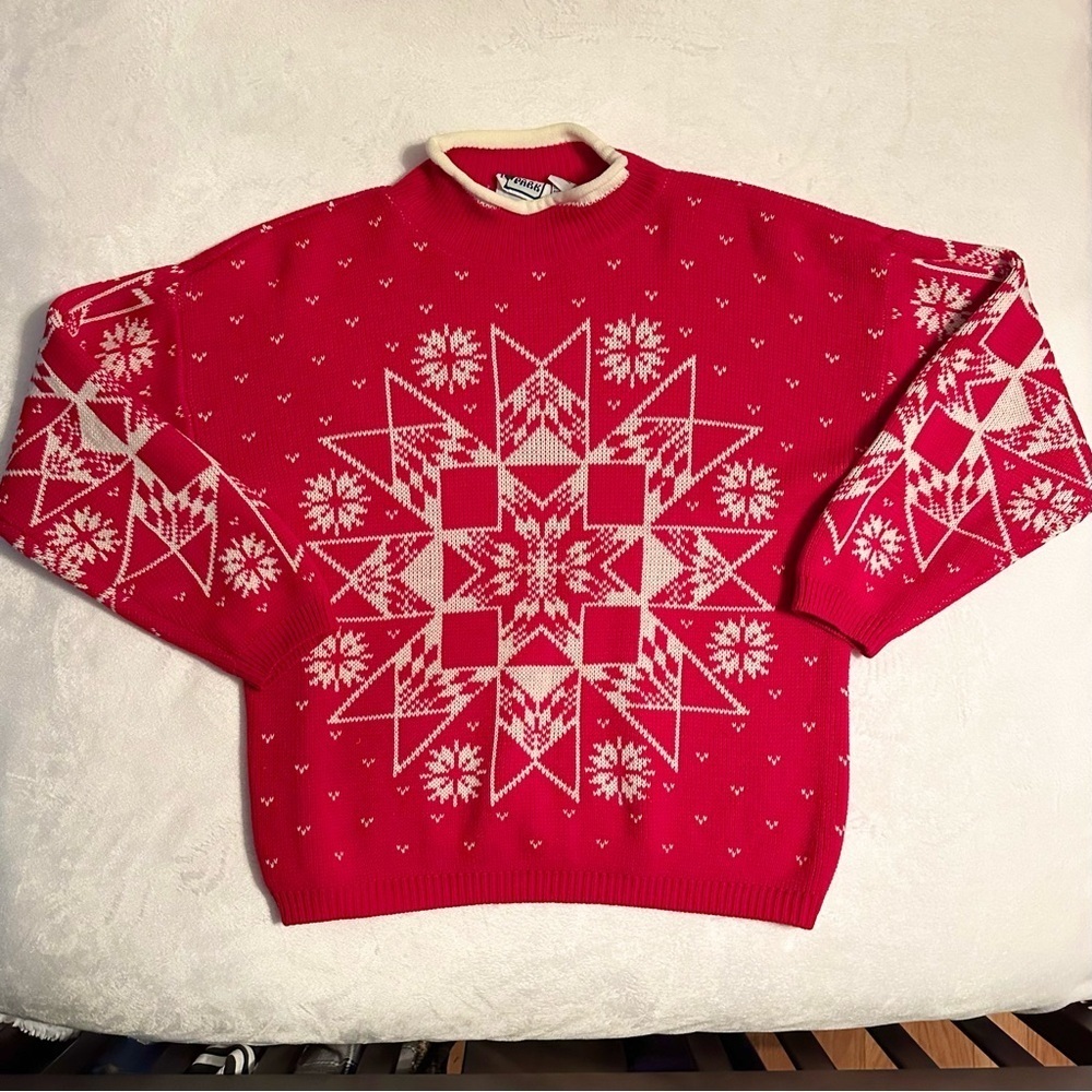 Vintage In The Park Sweater Snowflake Adult S Rolled Crewneck Red Ivory Holiday